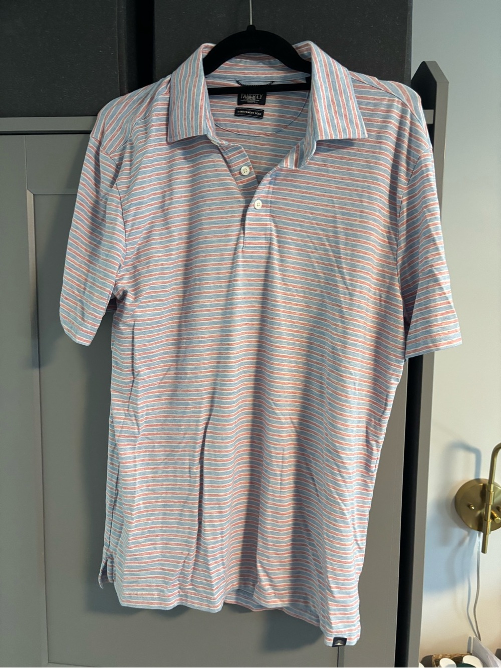 Faherty Men’s Short Sleeve Striped Polo - Light Blue & Coral